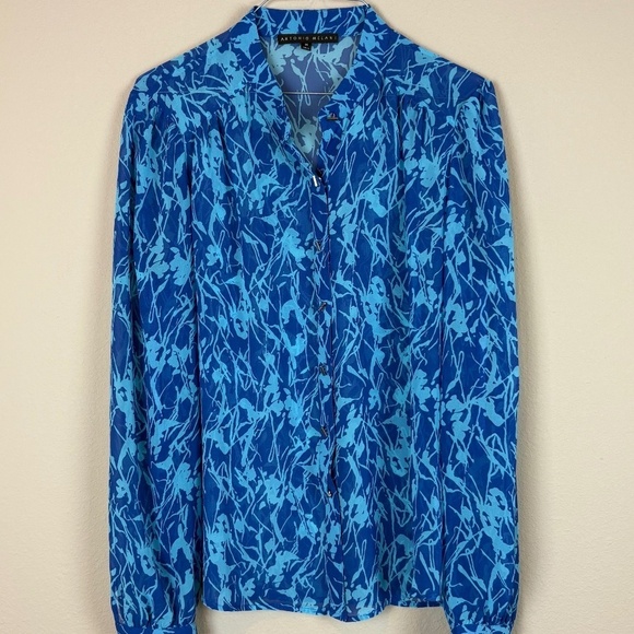 Antonio Melani Blue/Light Blue Sheer Long Sleeve Silver Button Up Blouse; Size M - Picture 1 of 8